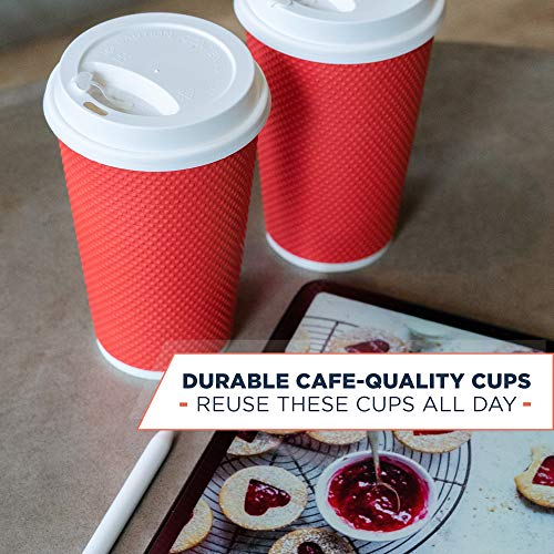 Glowcoast Disposable Coffee Cups With Lids - 16 oz To Go Coffee Cup With Lid (70 Set). Large Togo Travel Paper Hot Cups Insulated For Hot and Cold Beverage Drinks, No Sleeves Needed (Poppy)