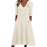 Women's Fall 3/4 Sleeve Halloween Shirt Dress Casual Autumn Pumpkin Genie Witch Thanksgiving Day V Neck Sundress Skirt