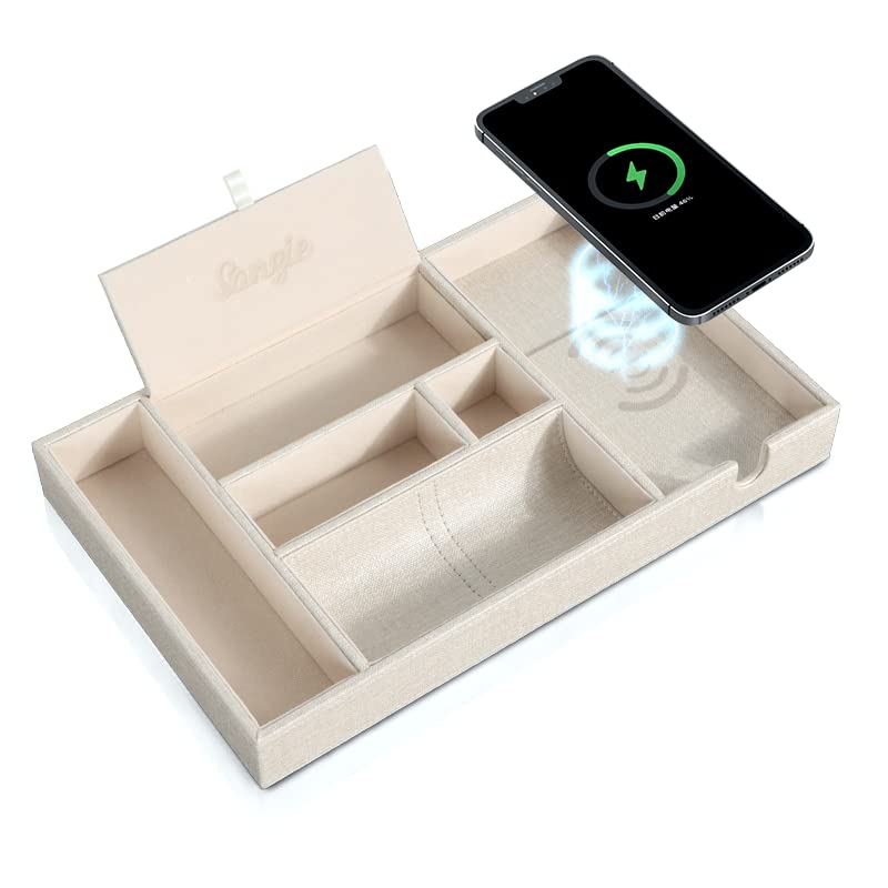 SANZIE Leather Valet Tray with Wireless Charger - Desk Organizer Tray Nightstand Organizer for Phone, Wallet, Keys, Sunglasses, Watches, Jewelry, and More (White)