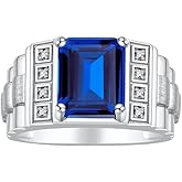 Rylos Men's Rings Sterling Silver Designer Style 10X8MM Emerald Cut Shape Gemstone & Diamonds - Color Stone Birthstone Rings for Men, Sizes 8-13.