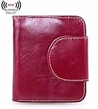AINIMOER Women's Small Billfold Genuine Leather Tri-Fold Wallet with Zipper Pocket(Purple Red)