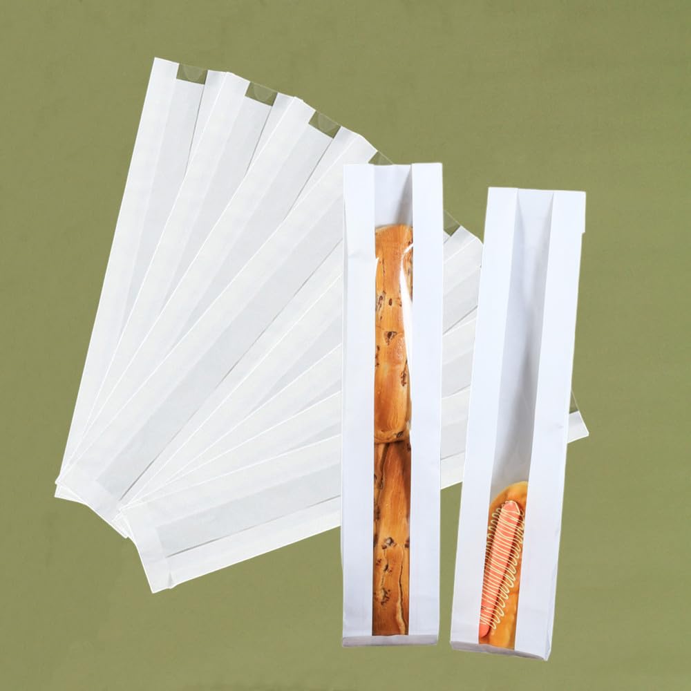 50 Pack Paper Bread Bag, Baguette Kraft Bags 23"x4"x1.6" With Clear Front Window and 64 Pcs Clear Seal Sticker for Bakery Storage, Homemade and French Bread (White)