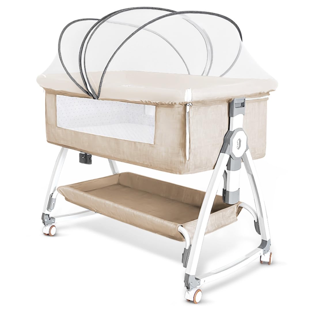 Oqhvup ベビーベッド 添い寝 乳児用ベッド 新生児ベッド 高さ6段調節可能 蚊帳 通気性 多機能 組み立て簡単 収納便利 持ち運び 洗濯可能 収納バスケット キャスタ付き 睡吐防止 軽量 幼児 新生児用 出産祝い プレゼント 0ヶ月 ~ 24ヶ月 (ベージュ)商品画像