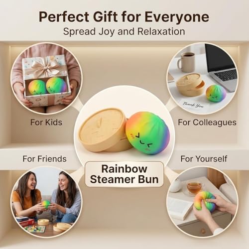 SLEEPHEAD®Rainbow Mystery Dumpling Squishies Stress Balls, Fidget Sensory Toy with Food Steamer, Squeeze Dough Ball for Stress Relief, Stretchy Desk Toys Gift