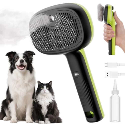 pecute Cat Steam Brush, Dog Steam Brush, Dense Mist and Fine Mist Function, No Heat, One Click Epilation, Long and Short Hair, Visible Water Tank, Green