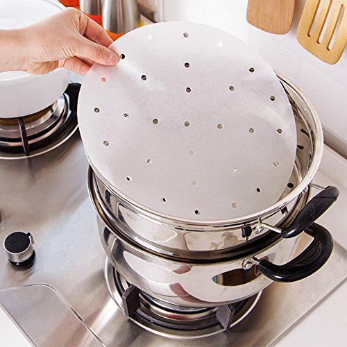 Premium Perforated Parchment Bamboo Steamer Paper Liners, NUIBY 9 Inch Round Non-stick Steaming Paper Mat - For Air Fryer, Steaming Basket, Cooking, Vegetables, Rice, Dim Sum - 100 Pack