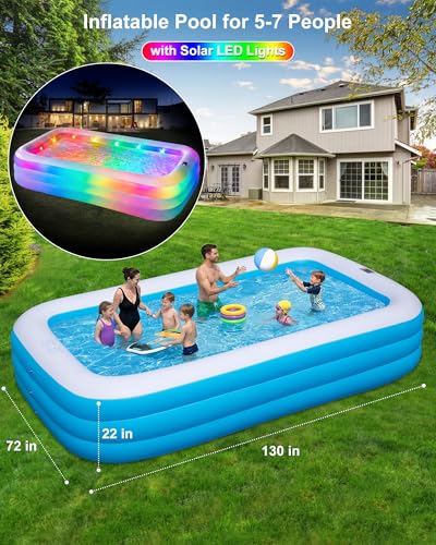 Inflatable Pool for Adults and Kids, 130"x72"x22" Full Size Inflatable Pools with Lights & Pump, Large Blow Up Pool for Family, Thickened Inflatable Swimming Pool for Outdoor Backyard