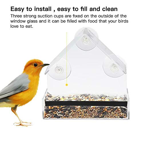 Bird Feeder, Newest Window Bird Feeder, 100% Wild Bird Transparent Viewing, 3 Strong Suction Cups + Seed Tray + Drain Holes, Best Outdoor Bird Feeder Kits, for Cardinal, Wild Birds, Chickadees