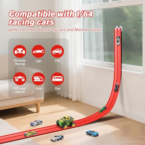 5m Flexible Car Race Track, Fits Hot Wheels & Diecast 1/64 Cars, Roll-Up Loop Track with 4 Mini Cars and 8 Suction Cups, Portable Flex Track Toy Gift for Kids Ages 3+