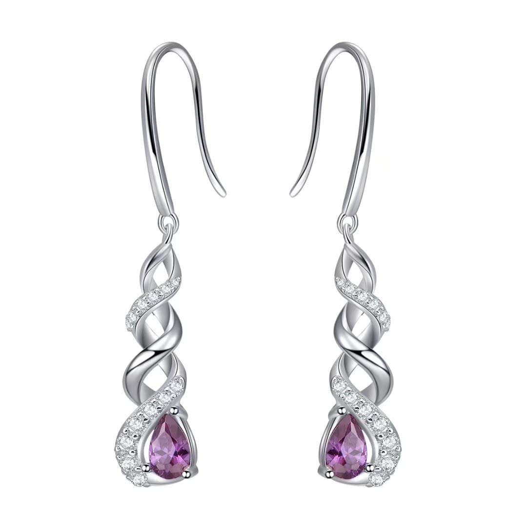 Qings February Birthstone Earrings for Women - 925 Sterling Silver Cubic Zirconia Purple Amethyst Infinity Gemstone Dangle Drop Earrings Piercing Sparkling Jewelry for Women Girls Teens