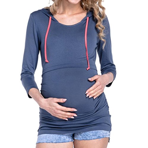 Women Maternity Nursing Tops Long Sleeve Pregnant Hooded Blouse (US10/2XL, Blue)