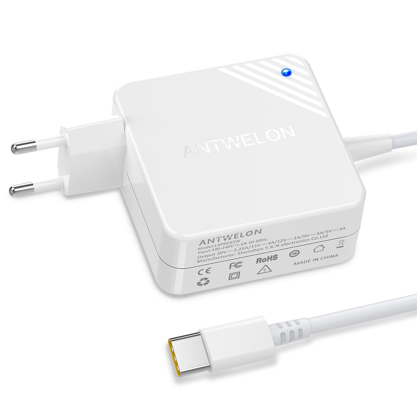 ANTWELON 65W USB C Netzteil Laptop Ladekabel für Lenovo Thinkpad Yoga, Asus, MacBook Pro, Dell Latitude Inspiron,HP Spectre, Acer Chromebook Matebook Wallplug 20V 3,25A TYPEC Ladegerät