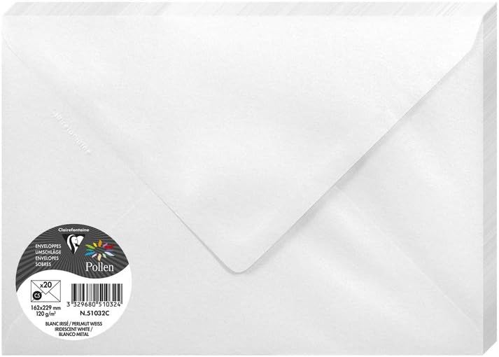 Clairefontaine 51032C Iridescent White Paper Pack of 20 Gummed Envelopes C5 (16,2x22,9cm) 120gsm Invitation Events Correspondence Pollen Range Premium
