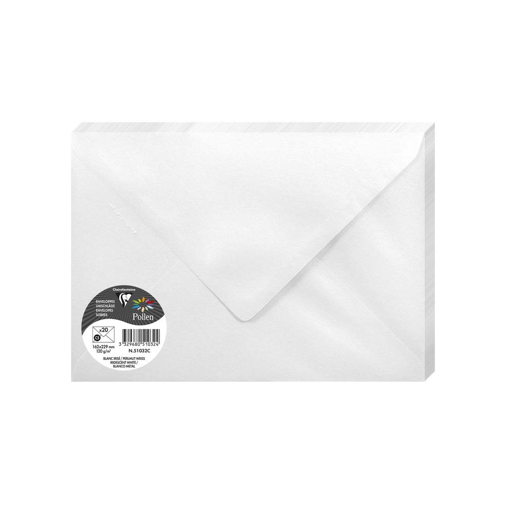 Clairefontaine 51032C Iridescent White Paper Pack of 20 Gummed Envelopes C5 (16,2x22,9cm) 120gsm Invitation Events Correspondence Pollen Range Premium