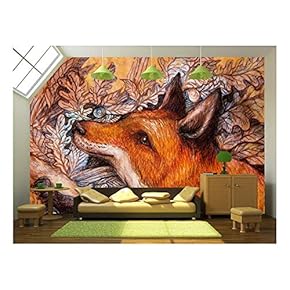 Red Fox Portrait, Colorful Painting with Ornamental Background. - Removable Wall Mural | Self-Adhesive Large Wallpaper - 66x96 inches