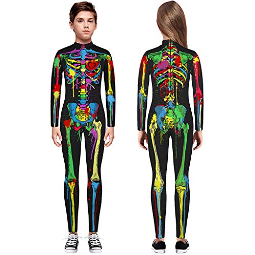 charmsamx Kids Halloween Jumpsuit Cosplay Costume Skeleton Printed Bodysuit Lifelike Novelty Skull Tights Halloween Costumes for Boys Girls - Thumbnail 2