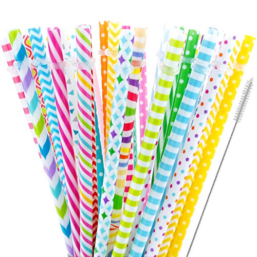 40 Pieces Reusable Straws BPA-Free 9" Colorful Printing Hard Platic Stripe Drinking Straw for Mason Jar Tumbler Family or Party Use Cleaning Brush Included Random Style (Casual Style)