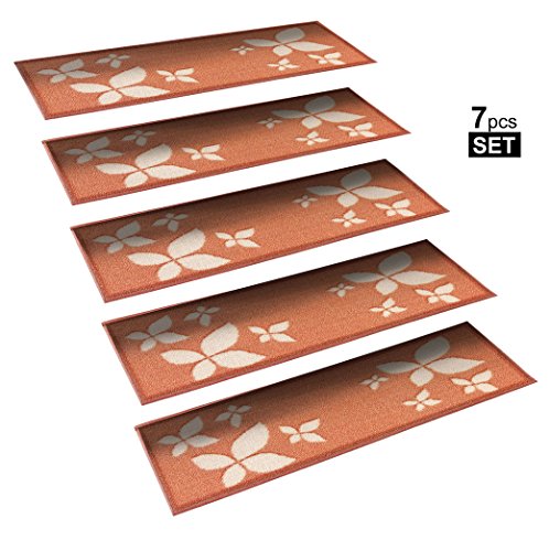 StepBasic Non-Slip Rubber Backed Slip Resistant Anti-Bacterial Stair Mat - Set of 7 - ( 8.5" x 26" ) (Flower)