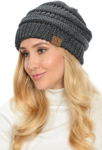 Yourstyle USA Trendy Warm Chunky Soft Stretch Cable Knit Slouchy Beanie (One Size, Charcoal/Metallic Silver)