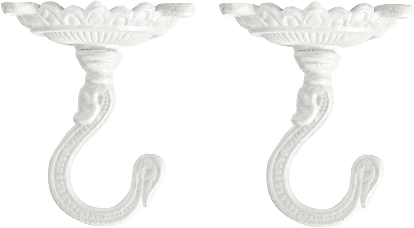 Outdoor Hanging Brackets - Sungmor Heavy Duty Ceiling Hooks for Hanging Plants, 2PC White 3.5x3.9Inch Large Cast Iron Ceiling Hooks, Antique Decorative Ceiling Swag Hooks for Hanging Planter Chandelier Wind Chime Lantern Hanger