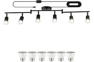 vivihobb Dimmable Plug in Track Light Black 6 Light Plug in Ceiling Lighting Fixture with 16.4' Long Cord,6 Way Ceiling Spotlight,Rotatable Wall Mount Light Head,LED dimmable Spot Bulbs Included