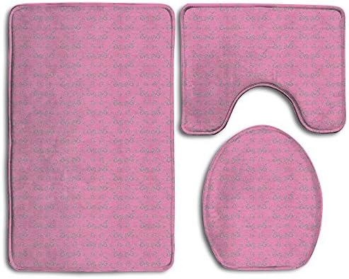 Guiping Ornamental Abstract Detailed Flower Leaves Design On Pink Backdrop Bathroom Rug Mats Set 3 Piece,Funny Bathroom Rugs Graphic Bathroom Sets,Anti-skid Toilet Mat Set