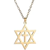 POYAMUSE Star of David Cross Pendant Necklace for Women Men - Stainless Steel Jewish Cross Necklace, Gold Silver Star of David Pendant Necklace for Women and Men