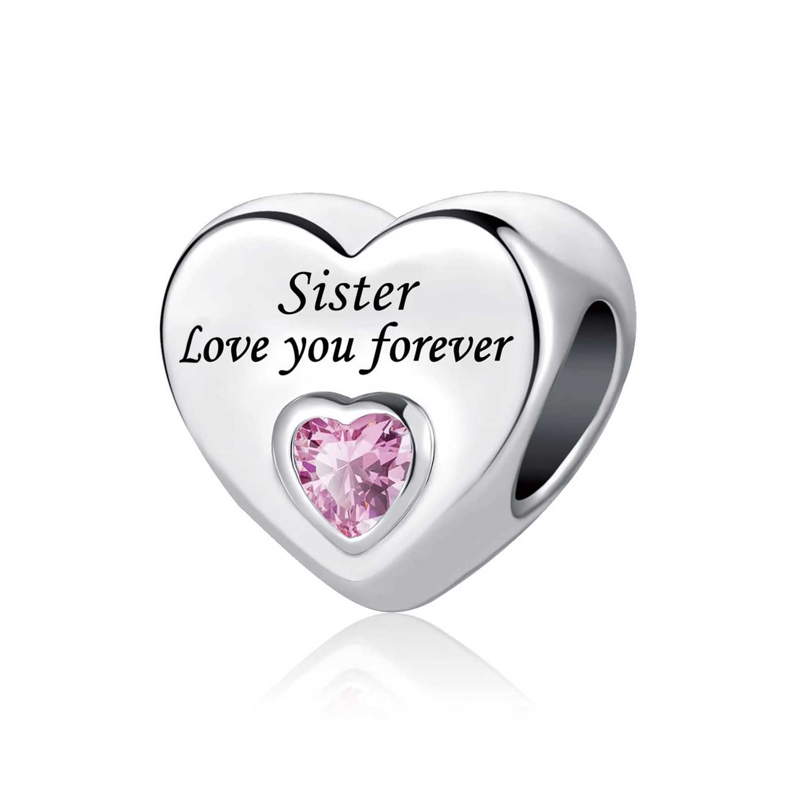 KunBead Jewelry Moments Sister I Love You Forever Heart Pink Glass Graduation Bead Charms for Bracelets