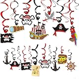 Levfla 30CT Pirate Party Hanging Foil Swirls Decoration Kids Birthday Photo Props Adventure Ideas Ceiling Captain Hat Skull Treatures Parrot Cutouts Halloween Door Whirls Streamers Favor Supplies