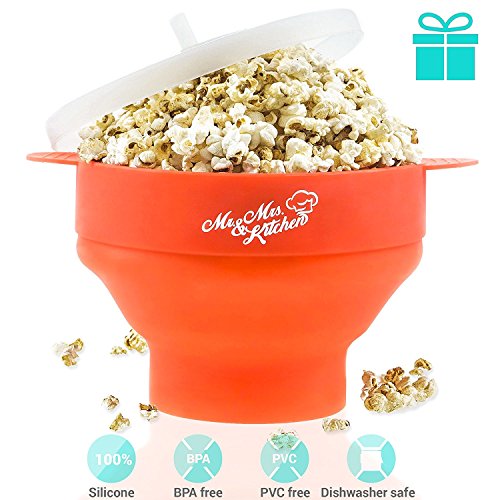 Microwave Popcorn Popper, Silicone Popcorn Maker, Collapsible Bowl with Lid and Handles, Red