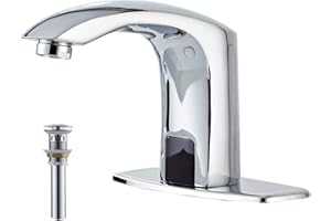 YCCUZA Automatic Bathroom Sink Faucet with Hole Cover Plate Sensor Touchless Dual-Powered Chrome Vanity Faucets Hands Free Water Tap with Control Box and Temperature Mixer Matching Pop Up Drain with Overflow