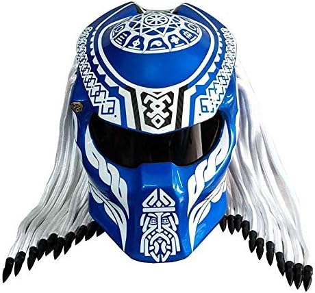 WLJBY Motorcycle carbon fiber helmet/predator full face helmet Front flip open D.O.T Certified with braid and LED Light/Iron warrior helmet lining removable and washable (Blue),M