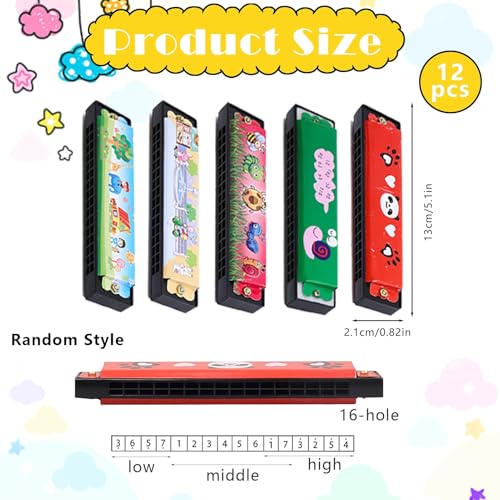KOWVOWZ 12 PCS Harmonica for Kids, Harmonica Toy with Double Row of 16 Holes, Cute Cartoon Printed Harmonicas Mouth Organ,Party Favors, Bags Fillers, Birthday Day Gifts and Prize for Beginner Kids