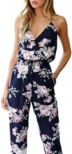 CieKen Women Summer Floral Printed Halter Sleeveless Long Pants Jumpsuit Rompers (Navy, Small)
