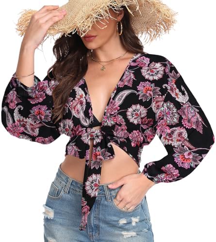 Women's Solid Open Front Tie Knot Crop Top Long Sleeve Deep V Neck