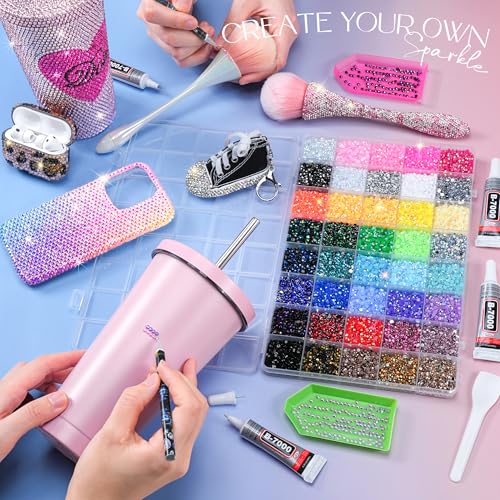 Lotwow 50000Pcs Bedazzling Kit with Rhinestones 3mm, 40 Colors Bedazzler Kit Resin Rhinestones Nail Gems & Glitter Gem Art Supplies, Diamond Art Kits Accessories with Pickup Pen, 4pcs 10ml B7000 Glue