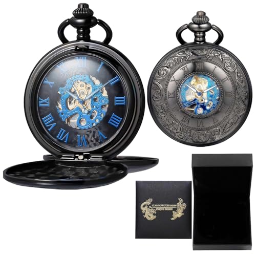 DerMacht Skeleton Pocket Watches Mechanical Roman Numerals Dial with Box and Chains for Mens Women