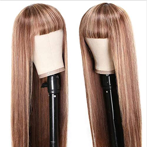 Beauty-Forever-Honey-Blond-Ombre-Highlight-Silk-Straight-Wig-With-Bangs-Glueless-None-Lace-Human-Hair-Wigs-for-Women-Brazilian-Virgin-Hair-Full-Machine-Made-Wig-Breathable-Net-Cap-20-Inch