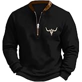 HOTYD Aztec Cowboy Jacket Men Vintage Bullhorn Printed Oversized Western Sweatshirt Long Sleeve Quarter Zip Pullover