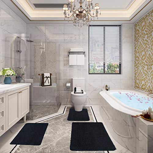 Phrixus 3 Piece Black Bathroom Rugs and Mats Sets, Ultra Soft Absorbent Chenille Bath Mat and U-Shaped Toilet Rugs with Non Slip TPR Bottom, Machine Washable Rug for Bathroom Tub, Shower