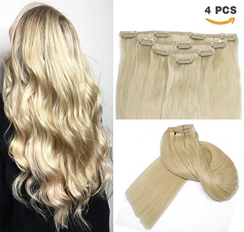 Clip in Hair Extensions 4pcs Double Weft 100% Brazilian Remy Human Hair Grade 7A Quality Fine Full Head Thick Long Soft Silky Straight 4pcs 10clips for Women Fashion(16inch #60 Platinum Blonde 60g)