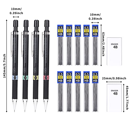 Druckbleistift 0,5-4 Stücke Metall Druckbleistift 0,5 Set,10 Stücke Bleistiftminen 0,5 mm HB,Radiergummis,Herrscher,Dreiecke,Winkelmesser für Haus, Schule und Büro