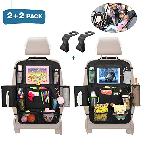 Car Backseat Organizer-2 Pack Universal Car Seat Back Protectors Kick Mats with 12 Storage Pockets, Car seat Organizer for Kids Baby Toy Tissue Bottle Vehicle Travel Accessories + 2 Car Headrest Hook - Thumbnail 7