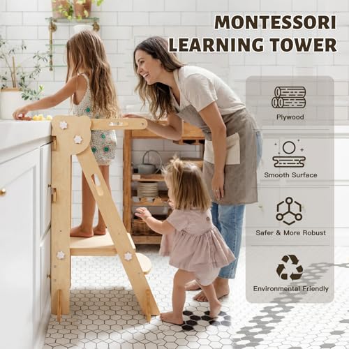 Labebe Learning Tower for Children, 3 in 1 Montessori Foldable Observation Tower, Multifunctional Adjustable Learning Tower with Double-Sided Board from 1 Year (Wood)