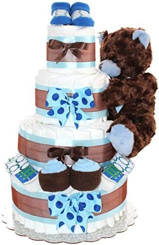 QBabyShowering Brown Teddy Bear Diaper Cake, Blue
