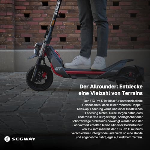 Segway ZT3 Pro D, E-Scooter mit Deutscher Straßenzulassung, 70 km Eco Modus Reichweite, 56km im Sport Modus, Vollfederung, 120 kg Tragkraft, 25% Steigung, Offroad-Reifen, Apple Find My, wasserfest 4