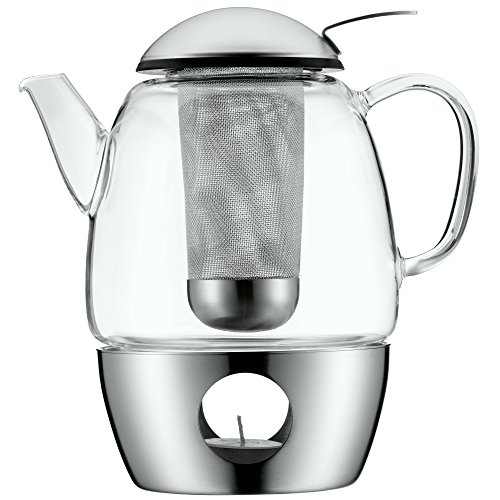 WMF SmarTea Teekanne mit Stövchen Set 3-teilig, Cromargan Edelstahl, Glaskanne 1l mit Siebeinsatz und Stövchen, spülmaschinegeeignet