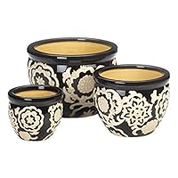 Set of 3 Black and White Flower Pattern Ceramic Planter Pots Indoor Outdoor Drain Hole