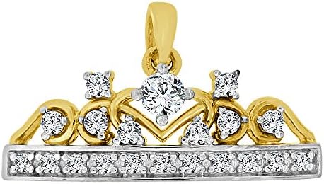 14k Yellow Gold White Rhodium, Dainty Princess Tiara Crown Pendant Charm Created CZ Crystals