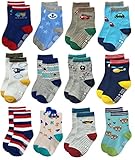 Deluxe Non Skid Anti Slip Slipper Cotton Crew Socks With Grips For Baby Toddler Boys (3-9 Months, 12-pairs/assorted)